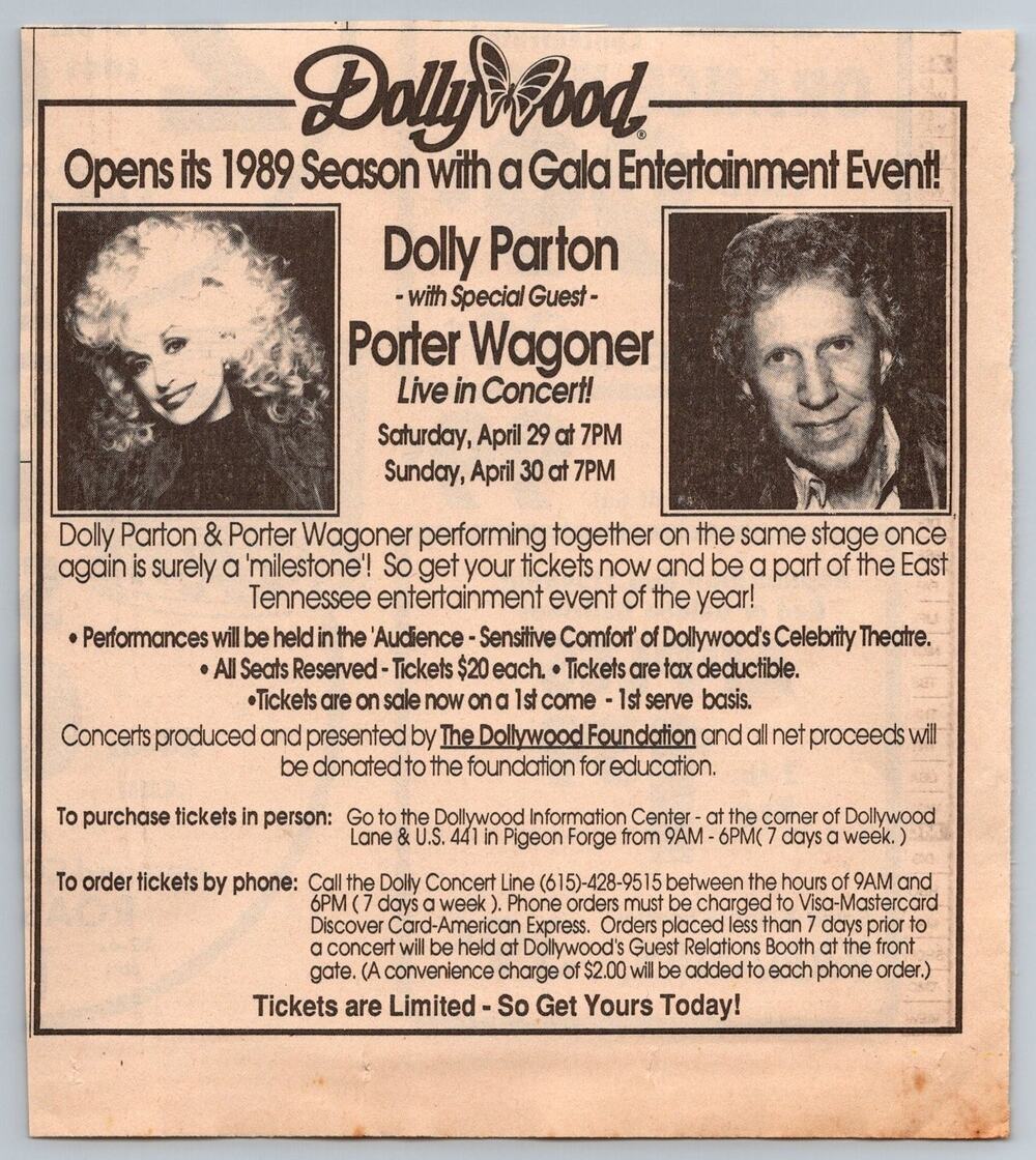 1989 Dollywood Dolly Parton Porter Wagoner Concert Print Ad Pigeon Forge TN